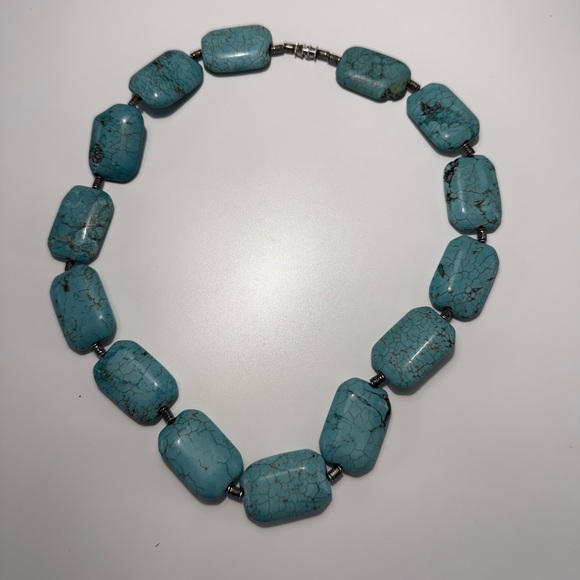 Handcrafted Jewelry - Handcrafted Chunky Turquoise Necklace Rectangle Gems Statement Necklace